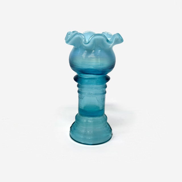 Early 20th Century Antique Eapg Jefferson Glass #73 Blue Opalescent Spool Vase 6" Ruffled Rim For Sale - Image 5 of 9