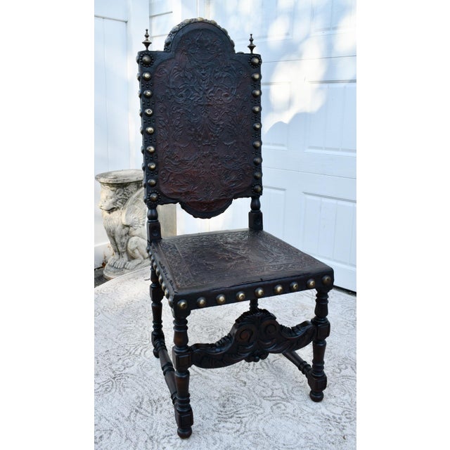 Wood Antique Tudor Carved Walnut & Tooled Leather High Back W/Brass Studs & Finials For Sale - Image 7 of 12