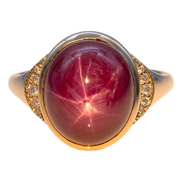12.5Ct Star Ruby Cabochon Ring With Earth-Mined Diamond Accents: Solid 14k Gold, Size 6.75 For Sale