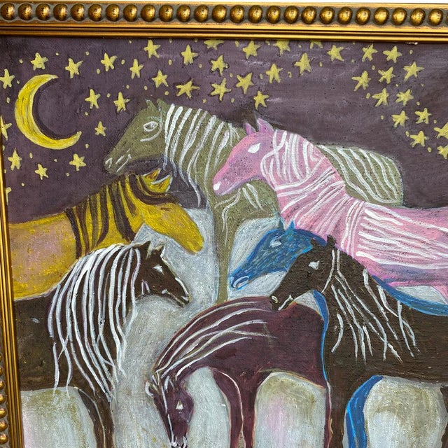 2020s Whimsical Horse Painting Original | Folk Art Style Wall Art | Colorful Horses Under Moon | Framed Acrylic Painting 13x13 | Eclectic Decor For Sale - Image 5 of 6