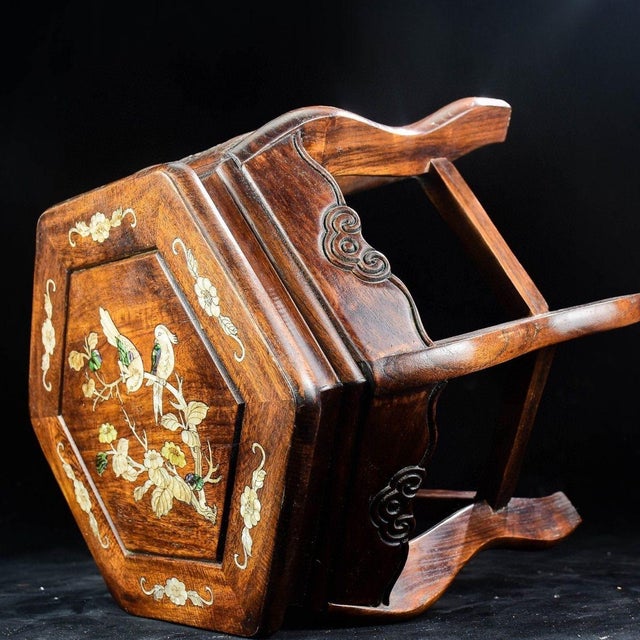 Chinese Vintage Chinese Rosewood Hexagonal Stool / Mother of Pearl Inlay Plant Stand For Sale - Image 3 of 9