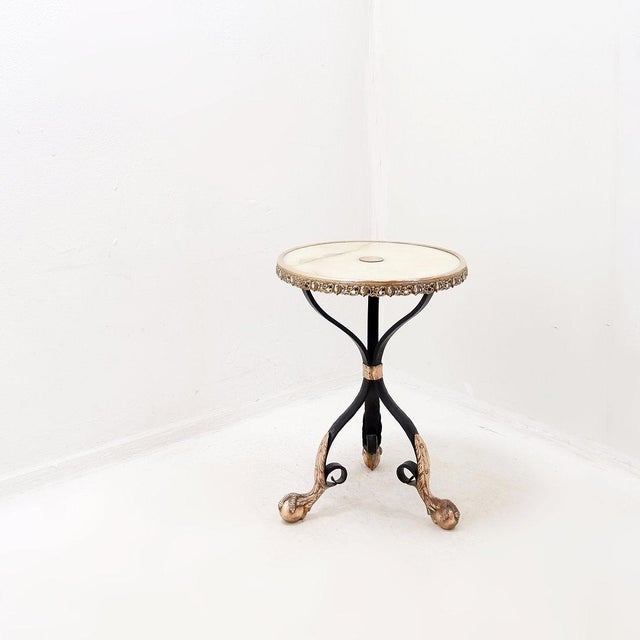 Metal Wrought Iron Tripod Side Table with Brass Decorations and Alabaster Top, 1950s For Sale - Image 7 of 15