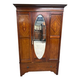 Antique Early 20th Century Edwardian Mahogany Wardrobe With Oval Mirror Door For Sale