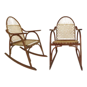 Vintage 1960s Vermont Tubbs Oak Snowshoe Chairs With Rawhide Lacing - Set of 2