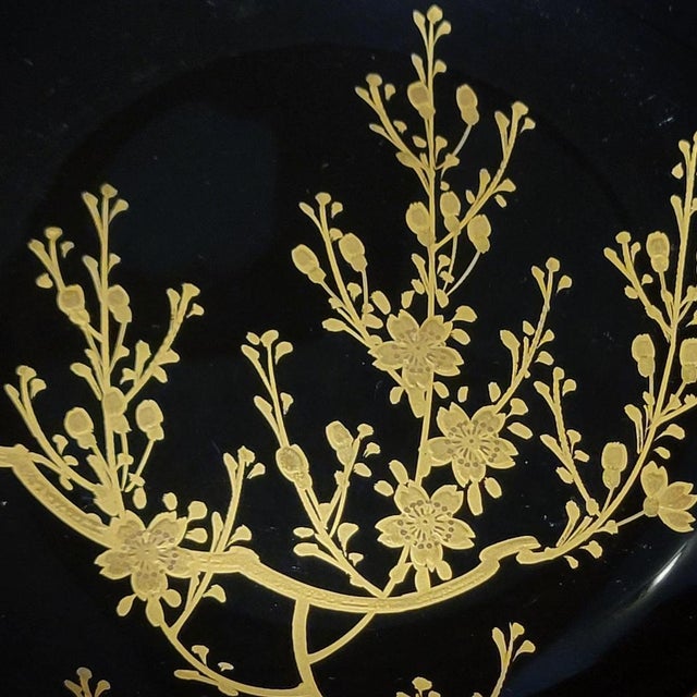 Set of Six Vintage Black Maki-E Lacquer Art Kyoto Japan Decorative Plates Hand Painted Gold Botanical Floral Patterns For Sale - Image 12 of 18