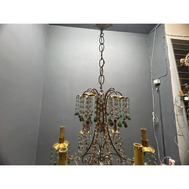 Italian Florentine Tole Gilt Murano Glass Beaded 6-Light Chandelier, 1950s For Sale - Image 12 of 17