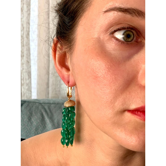 150 Carat Emerald Beads and Diamond Hanging/ Drop Earrings 14 Karat Yellow Gold For Sale - Image 12 of 18