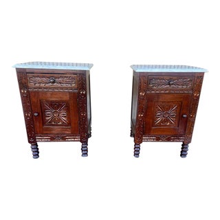 Early 20th Century Pair Jacobean Style Walnut and Marble Top Side Cabinets For Sale