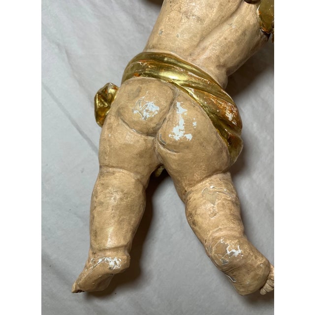 Antique 1800's Hand Carved Gilt Wood Religious Winged Cherub Sculpture Statue For Sale - Image 9 of 15