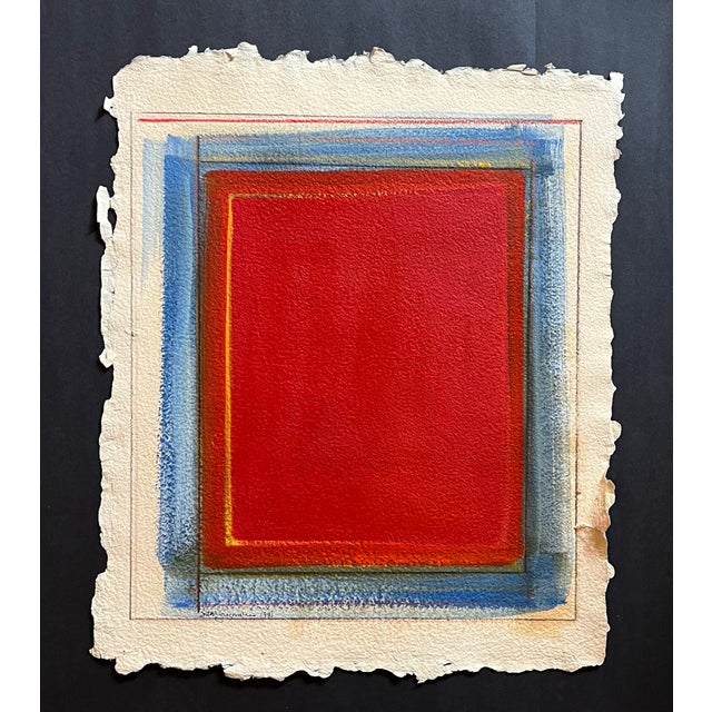Original oil painting on hand crafted paper of a red color field with blue and yellow borders. Influenced by the intense...