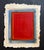 Original oil painting on hand crafted paper of a red color field with blue and yellow borders. Influenced by the intense...