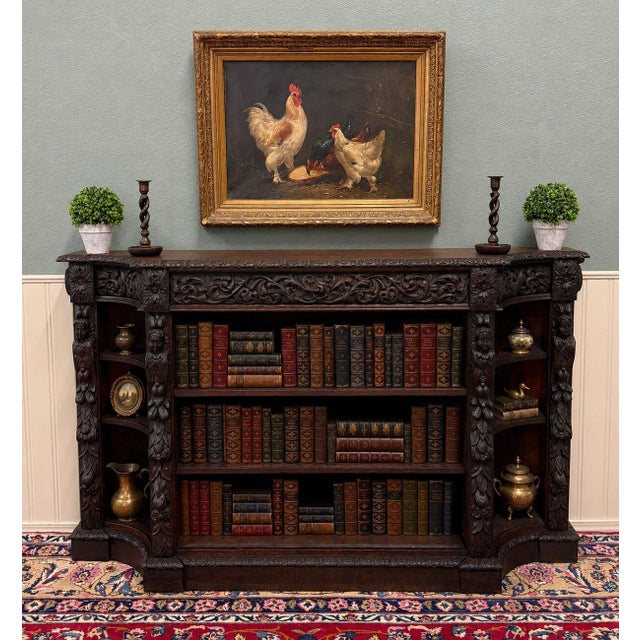 Antique French Renaissance Revival Style Carved Bookcase Bookshelf Oak c.1890s For Sale - Image 4 of 18