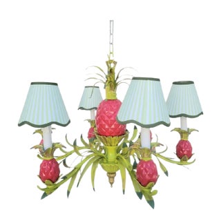 Vintage Custom Hand Painted Palm Beach Regency Pink Green Pineapple 6 Light Chandelier W/ Striped Shades For Sale