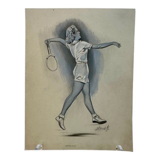 Original Signed Graphite Illustration of Female Tennis Player, 7" X 9.25". For Sale