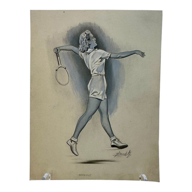 Original Signed Graphite Illustration of Female Tennis Player, 7" X 9.25". For Sale