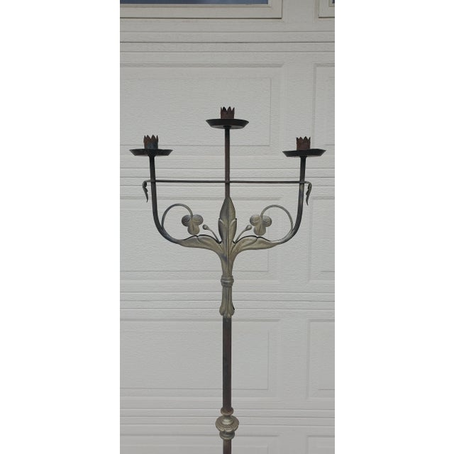 Pair of 1920s Antique Wrought Iron Torchiere Candelabras Floor Candle Stands For Sale - Image 11 of 12