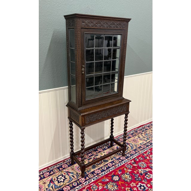 Antique English Oak Jacobean Revival Barley Twist Bookcase Display Cabinet 1900s For Sale - Image 15 of 18