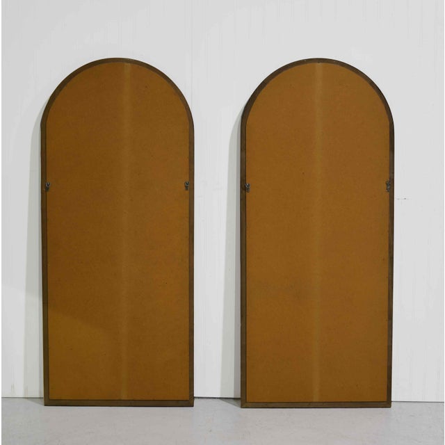 Brown 1970s Hollywood Regency Neoclassical Arched Burl Wood Wall Mirrors With Brass Ormolu Detail - A Pair For Sale - Image 8 of 9