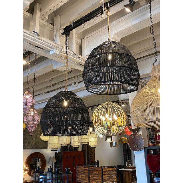 Organic Modern Black Rattan & Rope Pendant Light For Sale In Los Angeles - Image 6 of 6
