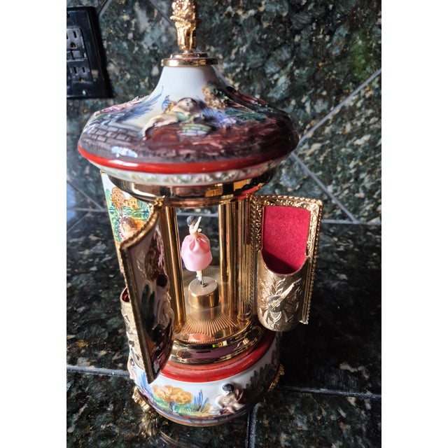 Mid 20th Century Vintage Italian Capodimonte Porcelain Musical Carousel Cigarette & Lipstick Dispenser (Jg) For Sale - Image 5 of 9