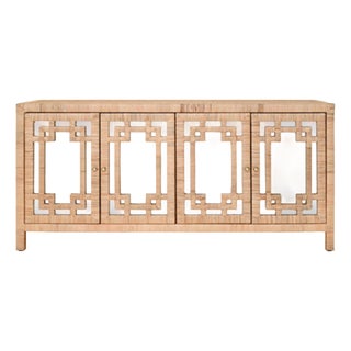 Matthew Izzo Home Granada Natural Wrapped Rattan Four Door Buffet With Mirrored Doors and Greek Key Design For Sale