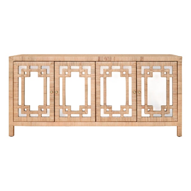 Matthew Izzo Home Granada Natural Wrapped Rattan Four Door Buffet With Mirrored Doors and Greek Key Design For Sale