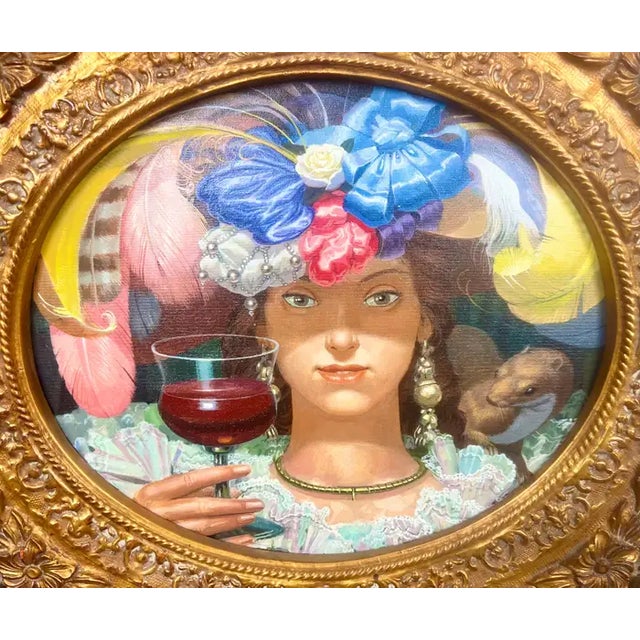 This elegant decorative portrait captures a poised young woman gazing serenely outward while holding a glass of red wine,...