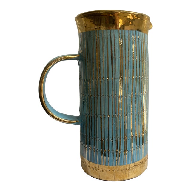 Mid 20th Century Mid Century Modern Italian Turquoise and Gold Pitcher/Vase For Sale