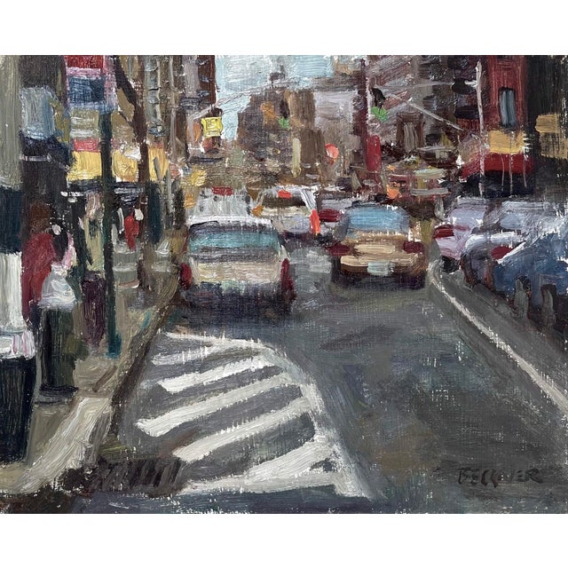 This oil on board painting captures a bustling urban roadway, filled with dynamic movement and energy. The artist employs...