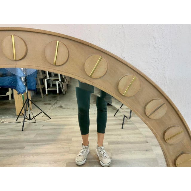Stylish Currey Modern Wood and Gold Round Wall Mirror Prototype, showroom floor sample