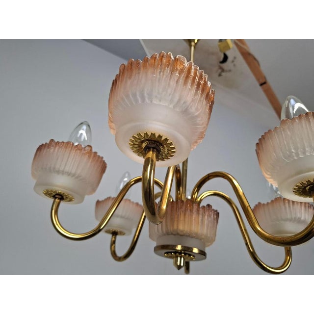 Mid-Century Czech Brass and Frosted Glass 6-Arm Chandelier, Železný Brod, 1960s For Sale - Image 10 of 18