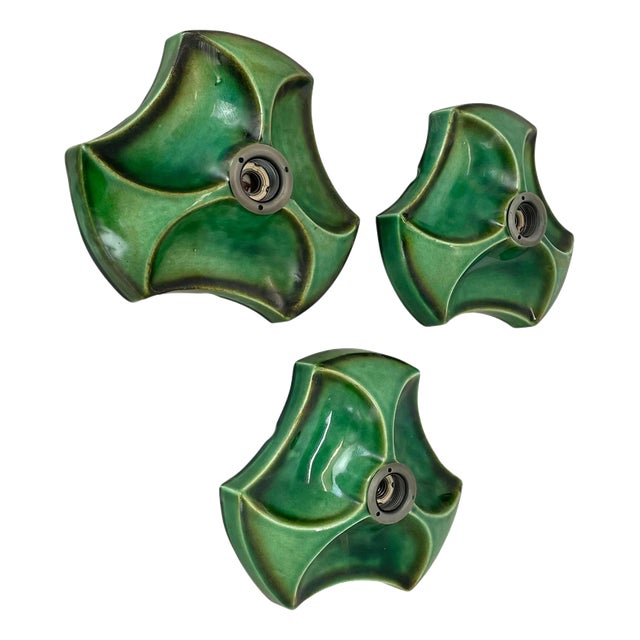 Sputnik Green Ceramic Wall Lights attributed to Pan Ceramics, Germany, 1970s, Set of 3 For Sale
