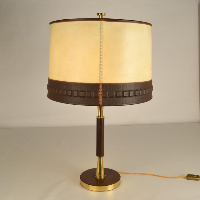 Leather and Brass Table Lamp with Parchment Shade, 1960s For Sale - Image 4 of 12