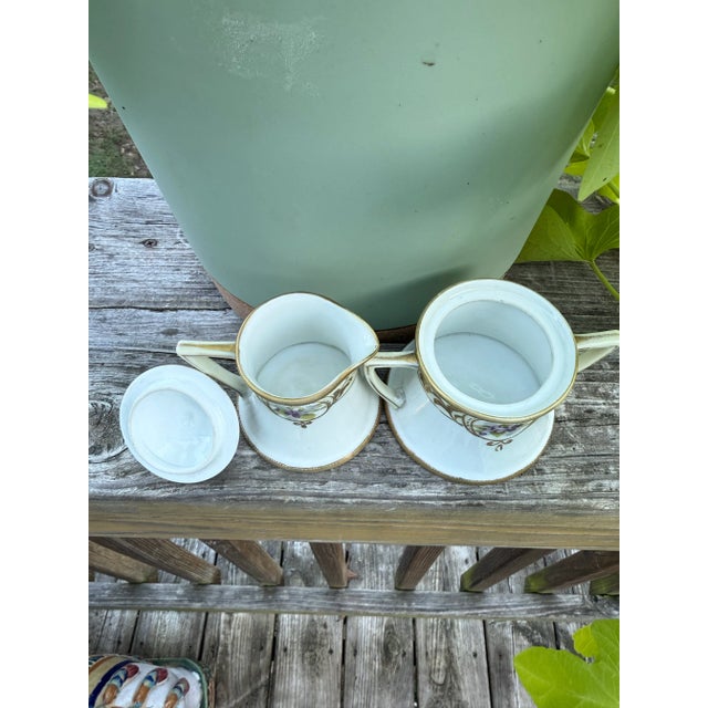 Noritake Antique Hand Painted Nippon Sugar and Creamer Set: Violets & Gold Floral For Sale - Image 4 of 10