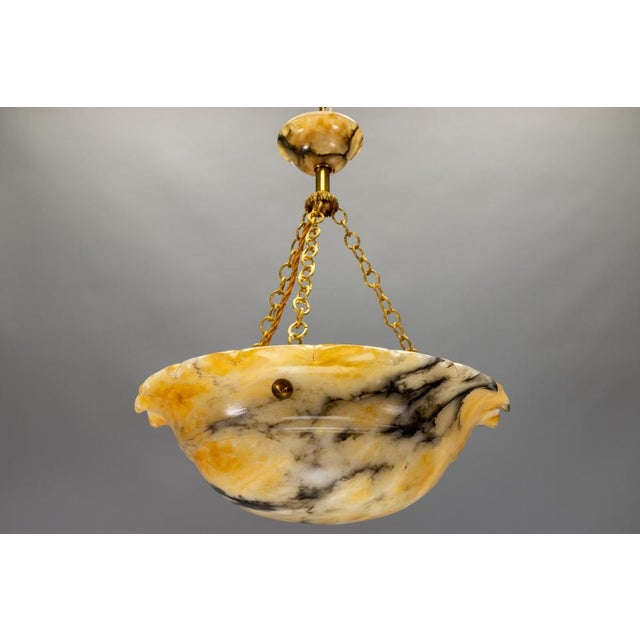 French Art Deco Yellow Alabaster Pendant with Dark Veining & Brass, 1920s For Sale - Image 12 of 18