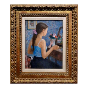 Francois Gall - Girl at Her Desk Looking in the Mirror- Oil Painting