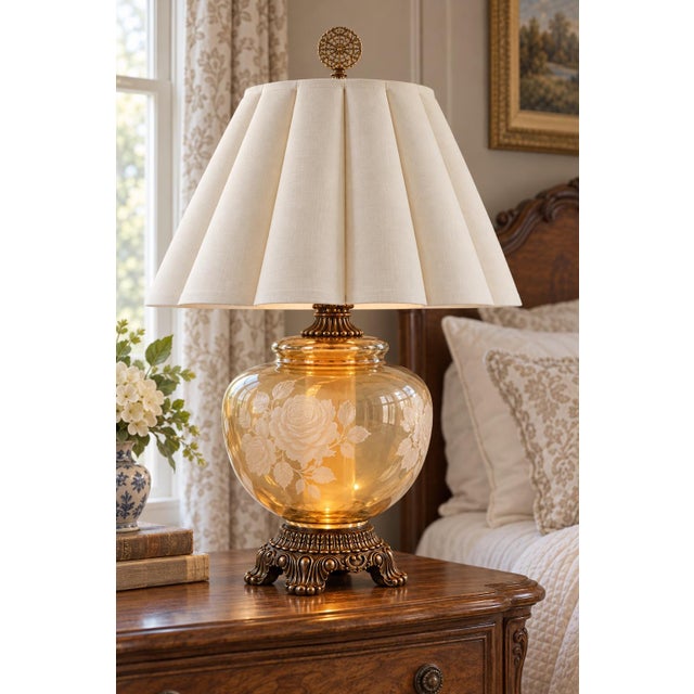 Vintage Etched Amber Glass Rose Urn Lamp With Illuminated Base and Pleated Shade For Sale - Image 4 of 10