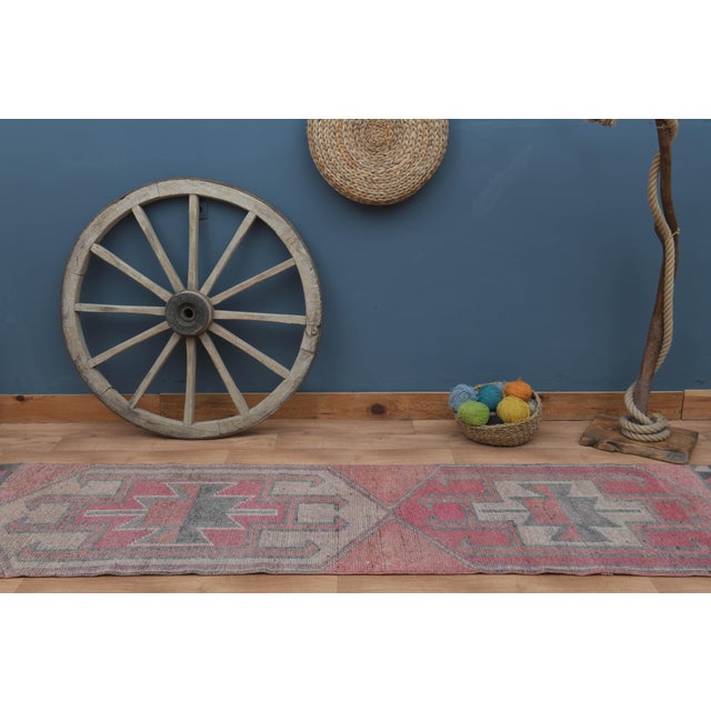 1970s Vintage Turkish Handmade Wool & Cotton Pink Runner Rug For Sale - Image 4 of 11