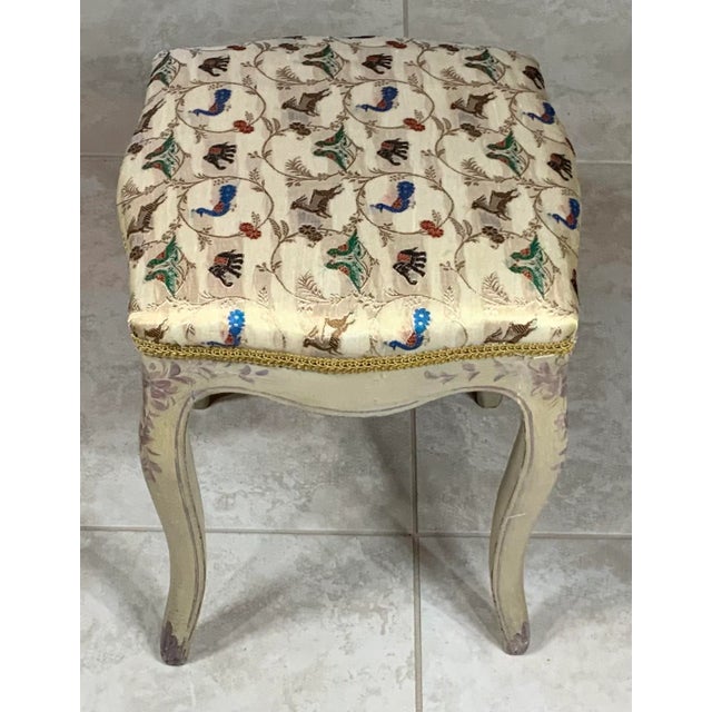 Decorative stool made of carved wood, hand painted , newly upholster with beautiful vintage hand loom silk - organza...