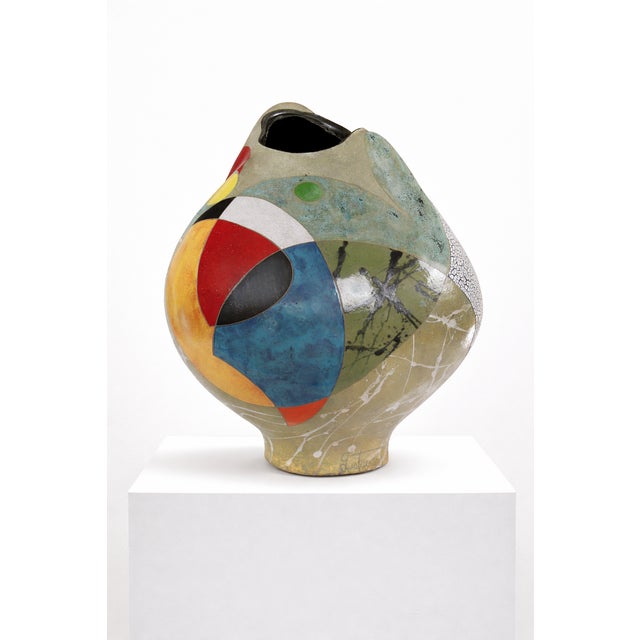 Contemporary "Beautiful Dream" by Michael Gustavson, Raku Ceramic Vessel, Deep Indigo Glaze, Contemporary California Art, Vibrant Colors, Original Sculpture For Sale - Image 3 of 4