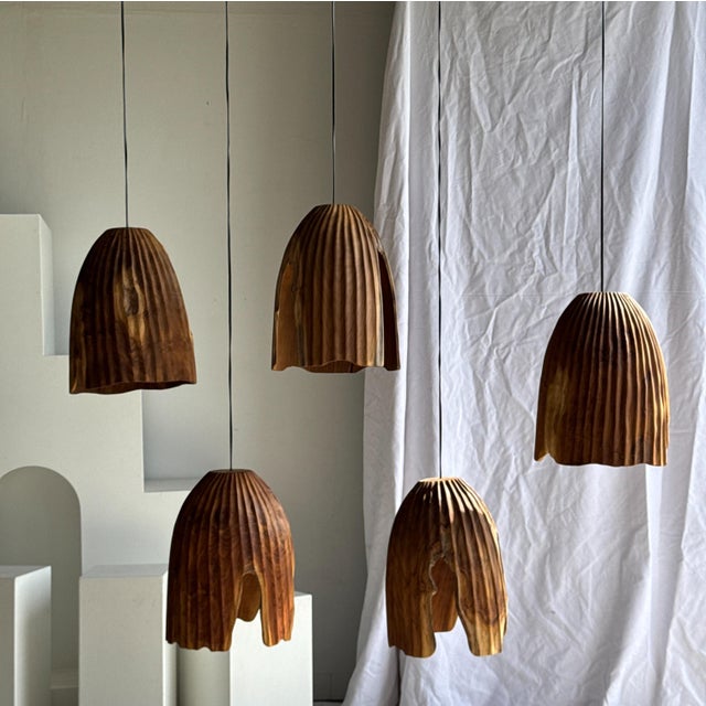 Large pendant light or lampshade in natural, organic, tubular teak. Height: approximately 40cm; Diameter: approximately...
