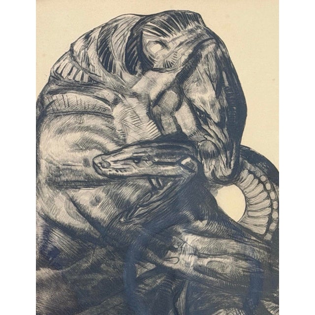 Paul Jouve Paul Jouve Signed 1930 French Art Deco Etching Lion Python Snake Combat Print For Sale - Image 4 of 14