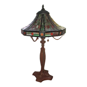 Vintage Art Nouveau Tiffany Style Ornate Base Hand Crafted Stain Glass Table Lamp