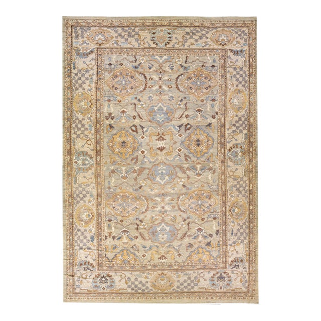 Grey and Beige Modern Handmade Sultanabad Oversize Floral Wool Rug For Sale