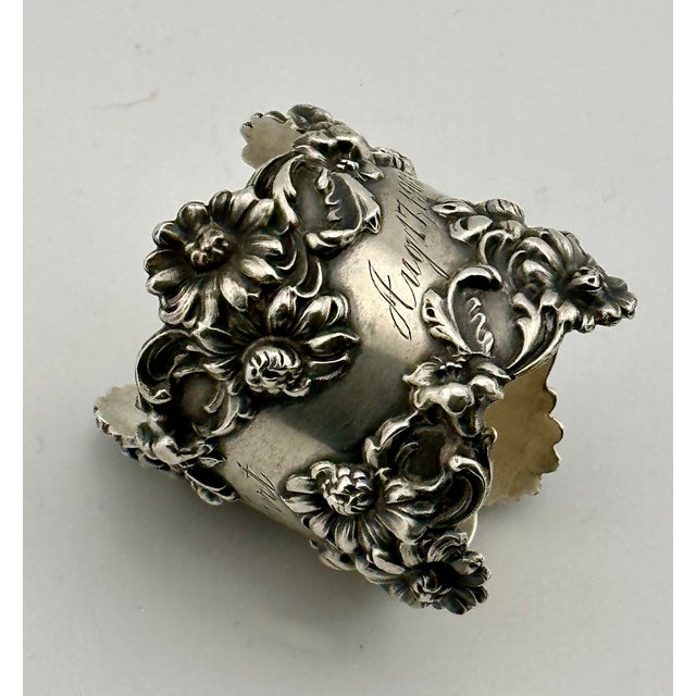 Metal Outstanding Large Antique Fancy Art Nouveau Flower Design Sterling Silver Napkin Ring Dated 1903 For Sale - Image 7 of 18