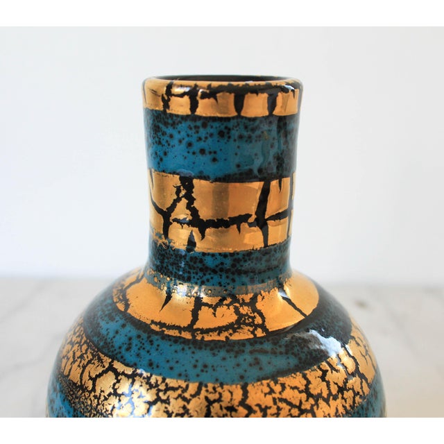 Italian Gold and Teal Crackle Pottery Vase For Sale - Image 4 of 6