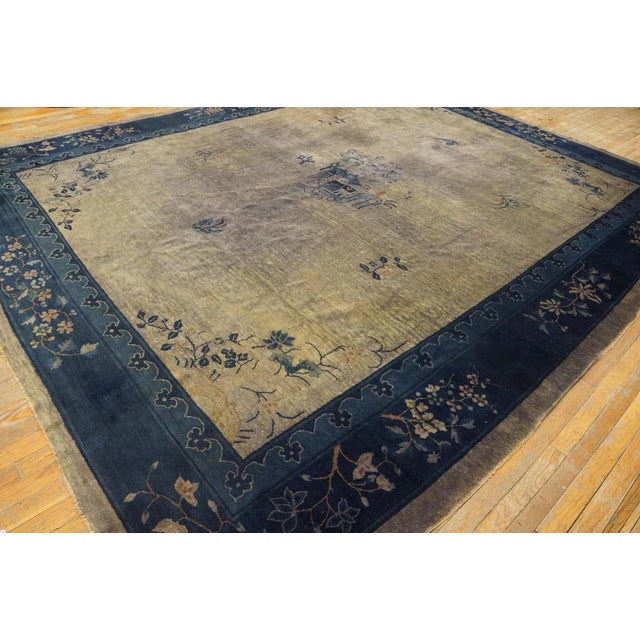 1920s Gray Floral Antique Chinese Peking Rug 9' 3'' X 11' 6'' Knotted Pile Wool Carpet For Sale - Image 9 of 9