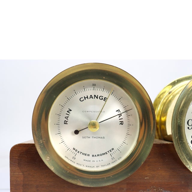 Seth Thomas Corsair Model E537-010 Brass & Mahogany Ship’s Clock Set C1968 For Sale - Image 6 of 10