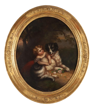 Girl with Dog, Oil on Canvas, Framed