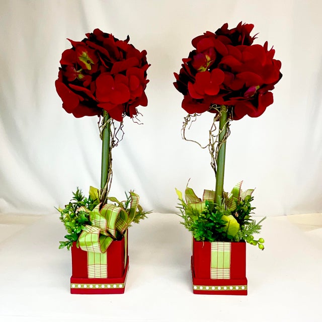 Art Nouveau Hollywood Regency Christmas Red Hydrangeas Topiary - A Pair For Sale - Image 9 of 11
